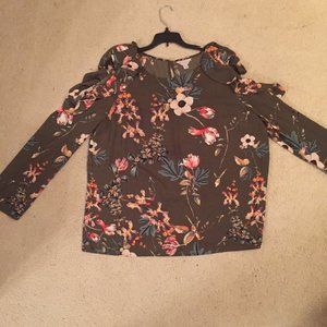Floral Green Cold Shoulder Long Sleeve Blouse